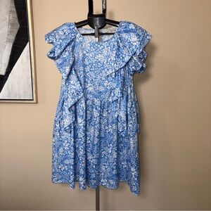 PINCH Garden Part Ruffle Sleeve Mini Dress Blue & White Size Medium